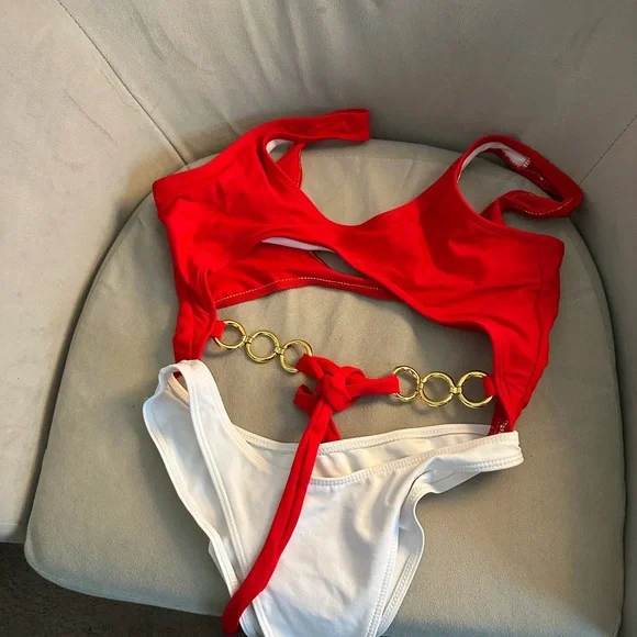 Red and White Bikini with Gold Accents - Picture 2 of 2